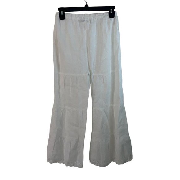 Bloomingdales Womens Pants Size Large White Eyelet Hem Flare Pure Linen